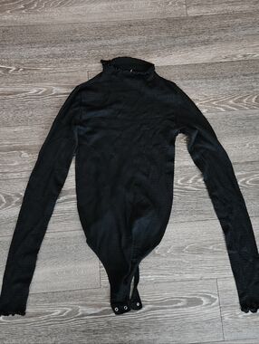 Free People Black Long Sleeve Ribbed Mock Neck Bodysuit
